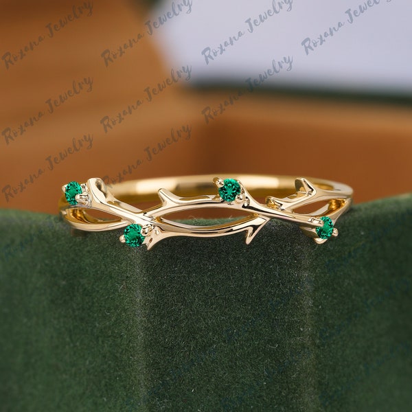 Green Emerald Weeding Band Twig Ring Delicate Dainty Ring Branches Ring Anniversary Gifts Vine Ring Yellow Gold Ring May Brithstone Ring
