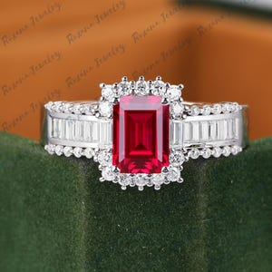 Moissanite halo ring Vintage jewelry gift Emerald cut ruby engagement ring Solid gold bridal ring Anniversary gift Art deco handmade ring