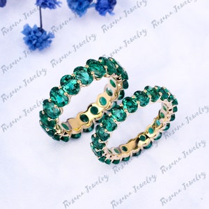 Oval Green Emerald Full Eternity Band 14K Solid Yellow Gold Stacking ...