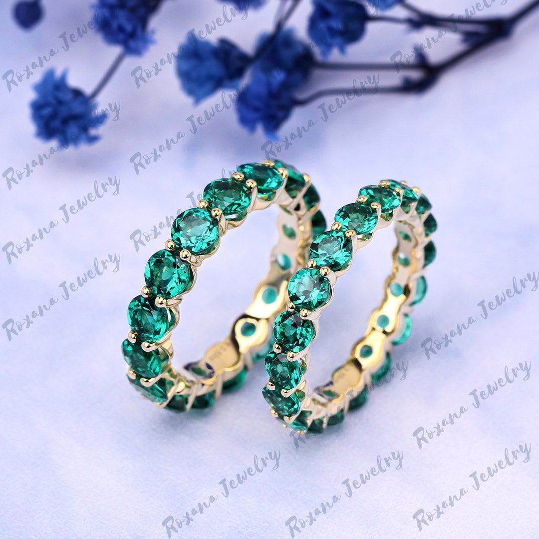 Round Cut Emerald Wedding Band Solid Yellow Gold Full Eternity Band May ...