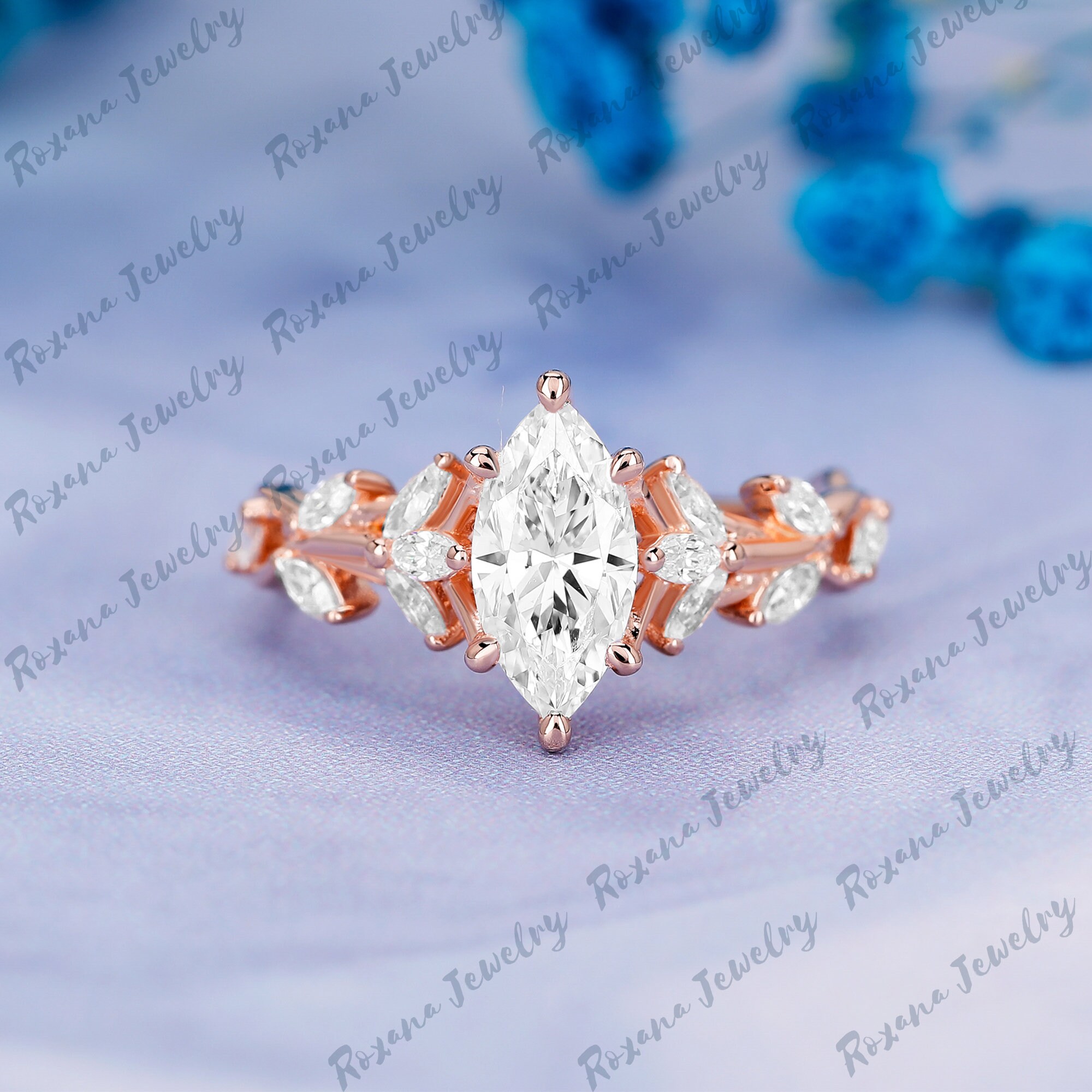 Marquise Cut Moissanite Engagement Ring Art Deco 14K Rose Gold Unique ...