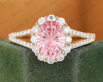 14K Gold - Firework Cut Lab Pink Sapphire Wedding Ring, Moissanite Halo Bridal Ring, Art Deco Engagement Ring, Promise Ring For Women