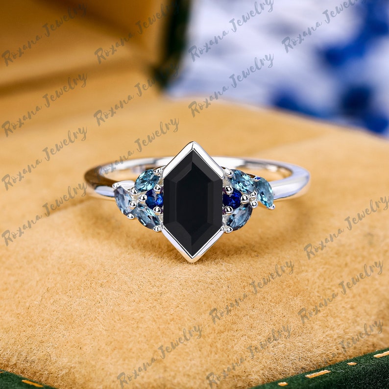 Vintage Hexagon Cut Black Onyx Engagement Ring Solid White Gold Blue Sapphire Cluster Ring London Blue Topaz Anniversary Gifts Gemstone Ring image 2