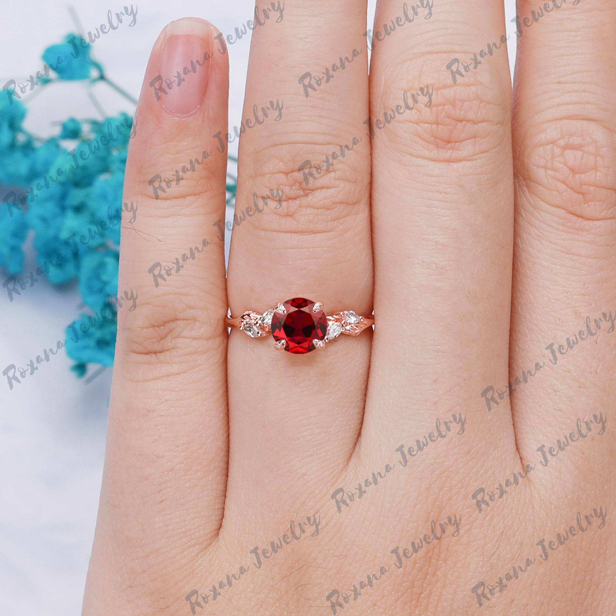 Red Ruby Engagement Ring Round Shape Natural Inspired Leaf Ring ...