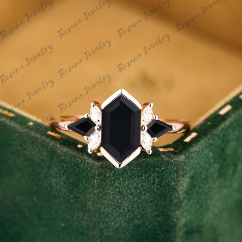 Bague en onyx noir naturel taille hexagone Bague en grappe de pierres précieuses Bague de fiançailles en or rose 14 carats pour femme, bague d'anniversaire Art déco vintage, cadeaux