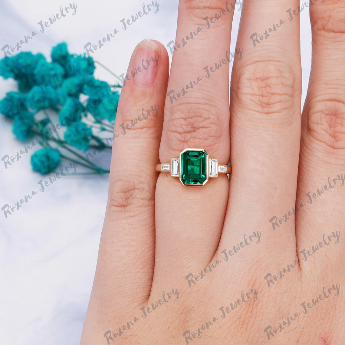Green Emerald Engagement Ring Gemstone Bridal Ring Solid Yellow Gold ...