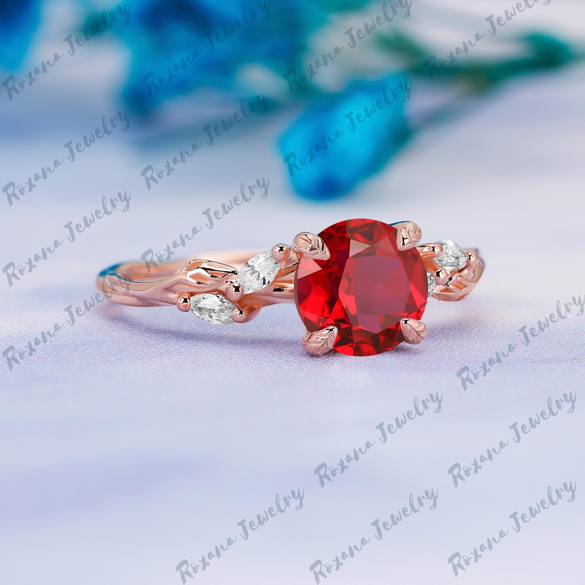 Red Ruby Engagement Ring Round Shape Natural Inspired Leaf Ring ...