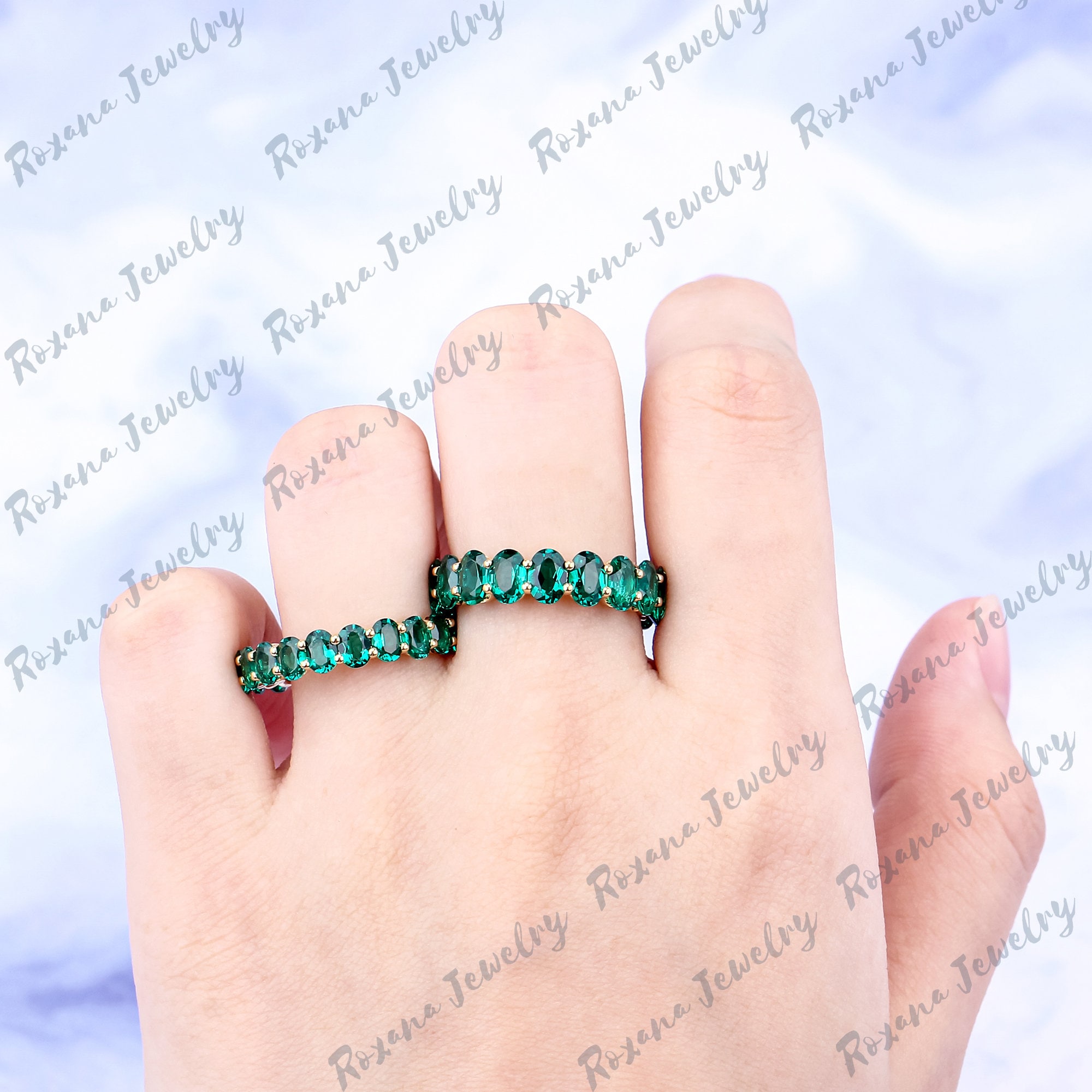 Oval Green Emerald Full Eternity Band 14K Solid Yellow Gold Stacking ...