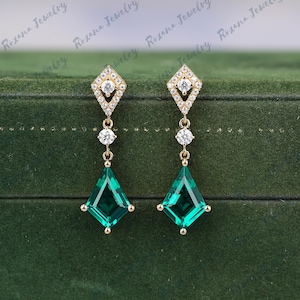 Kite cut green emerald earings Statement Earrings Art Deco Earrings, Long Earrings, Wedding Jewelry, Moissanite Gold Bridal Earrings For her
