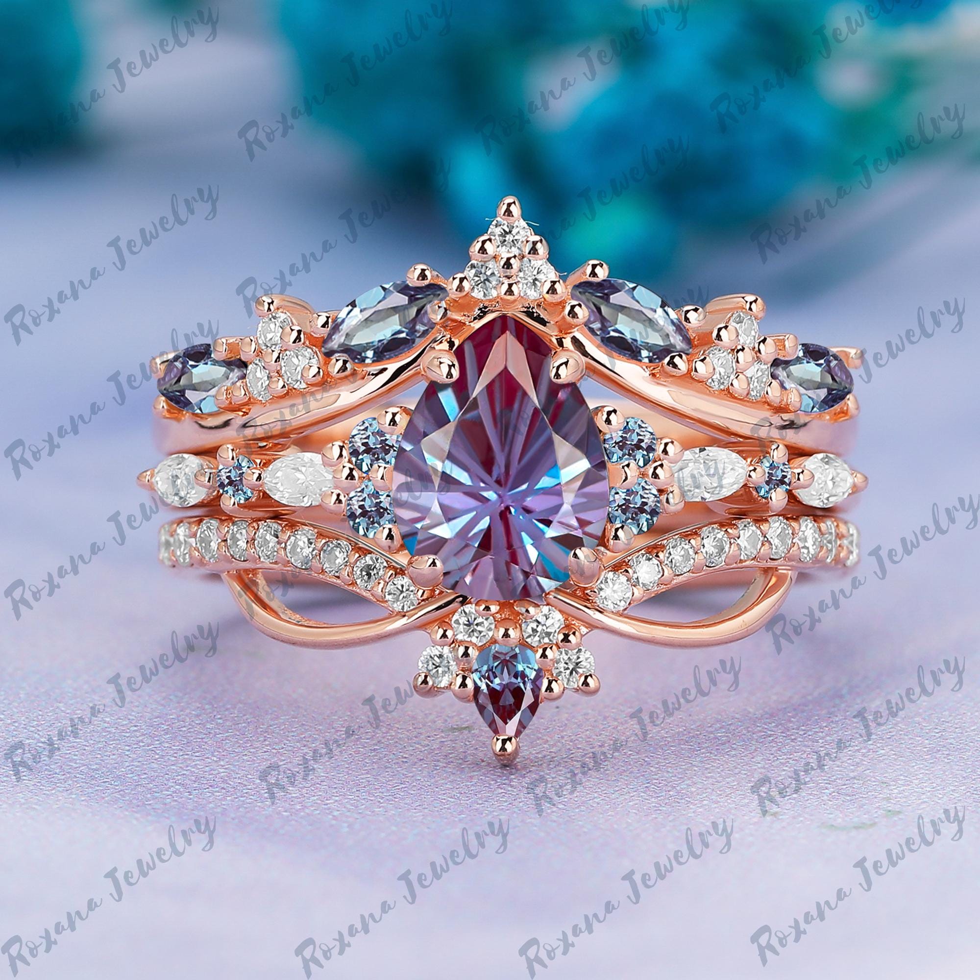 Firework Cut Alexandrite Engagement Ring Set Unique Double Curved Firework Cut Alexandrite Engagement Ring Set Unique Double Curved
