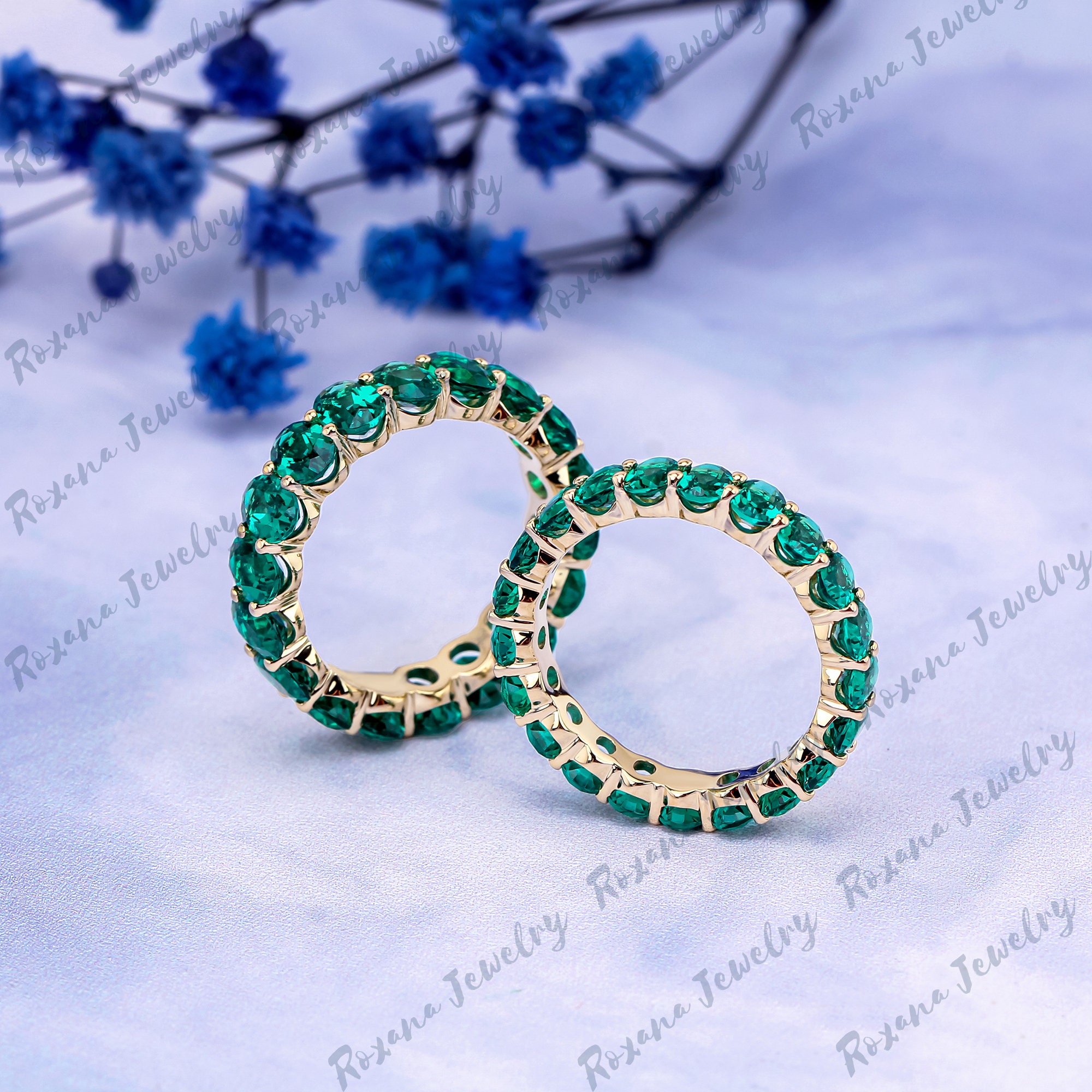 Oval Green Emerald Full Eternity Band 14K Solid Yellow Gold Stacking ...