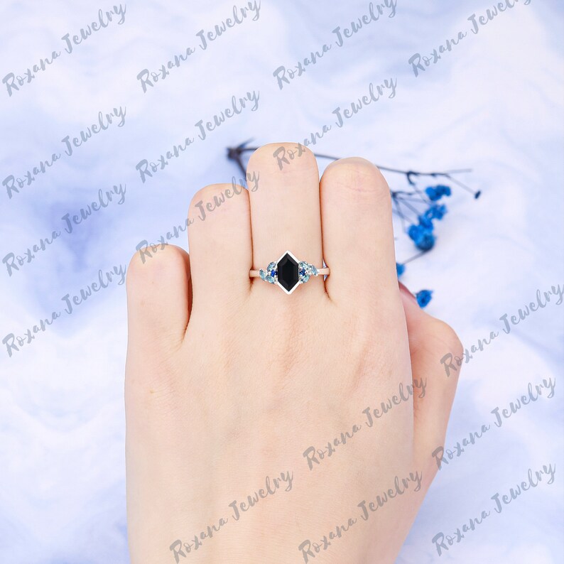 Vintage Hexagon Cut Black Onyx Engagement Ring Solid White Gold Blue Sapphire Cluster Ring London Blue Topaz Anniversary Gifts Gemstone Ring image 7