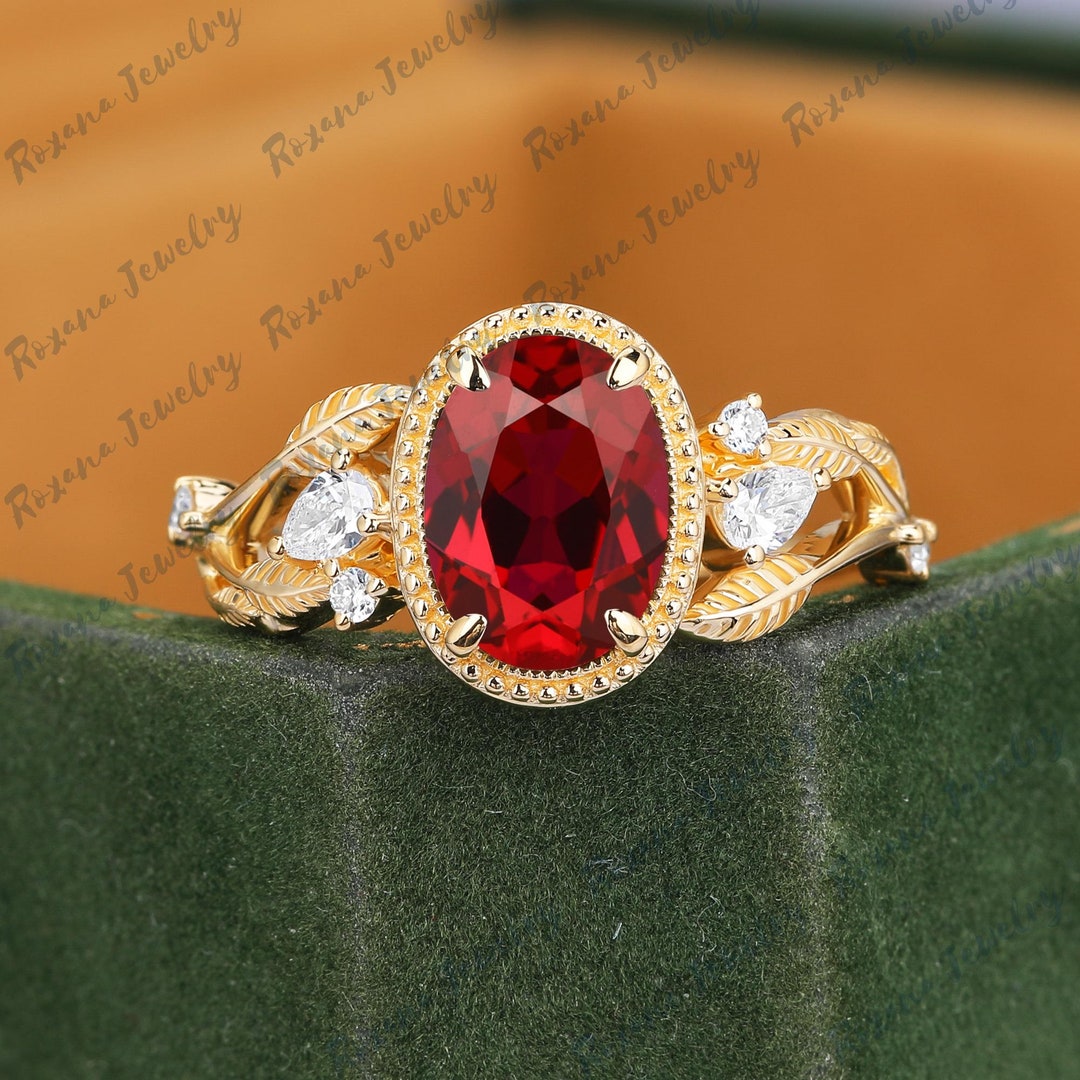 Ring Shape Red Oval Shape Red Ruby Engagement Ring Natural Inspired Leaf Ring Unique ...
