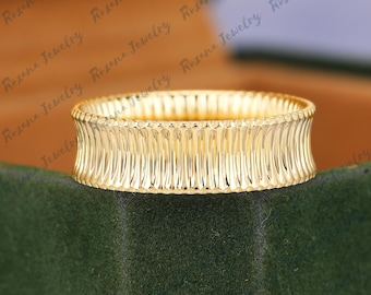Anillo de bodas de oro amarillo macizo de 14 quilates con banda acanalada, anillo hecho a mano para unisex, anillo de aniversario, anillo de compromiso minimalista, anillo de rayas verticales