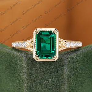 Brilliant emerald shape green emerald engagement ring Vintage May birthstone gemstone ring Solid yellow gold bridal ring Anniversary gifts