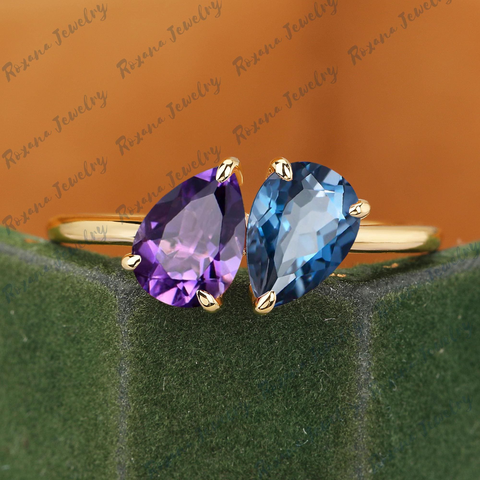 Bague 'Toi Et Moi' Plaqué Or Avec Topaze Et Améthyste - Occasion, Bijou Romantique Vintage