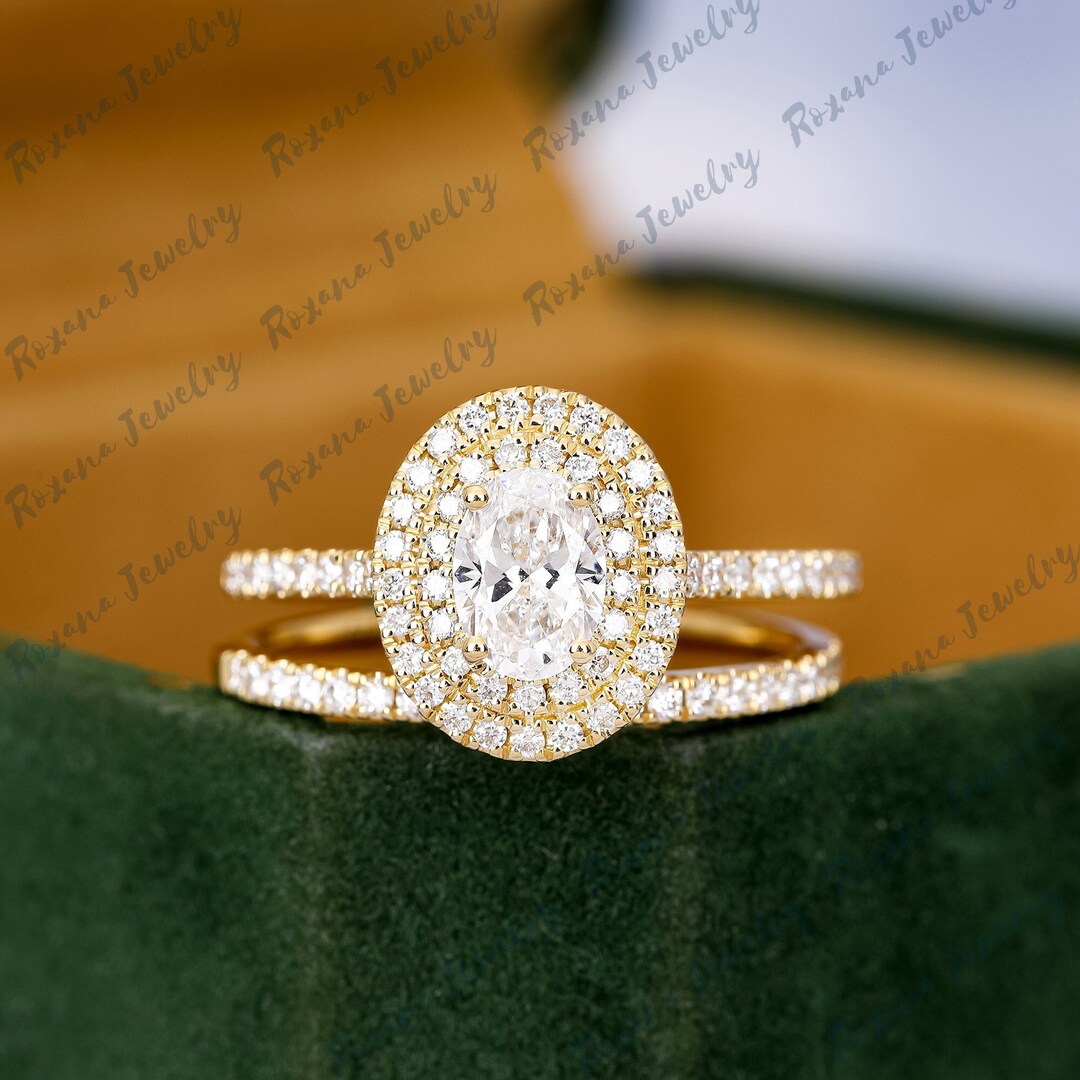 Oval 1CT Moissanite Wedding Ring Set Solid 14K Yellow Gold Bridal Set ...