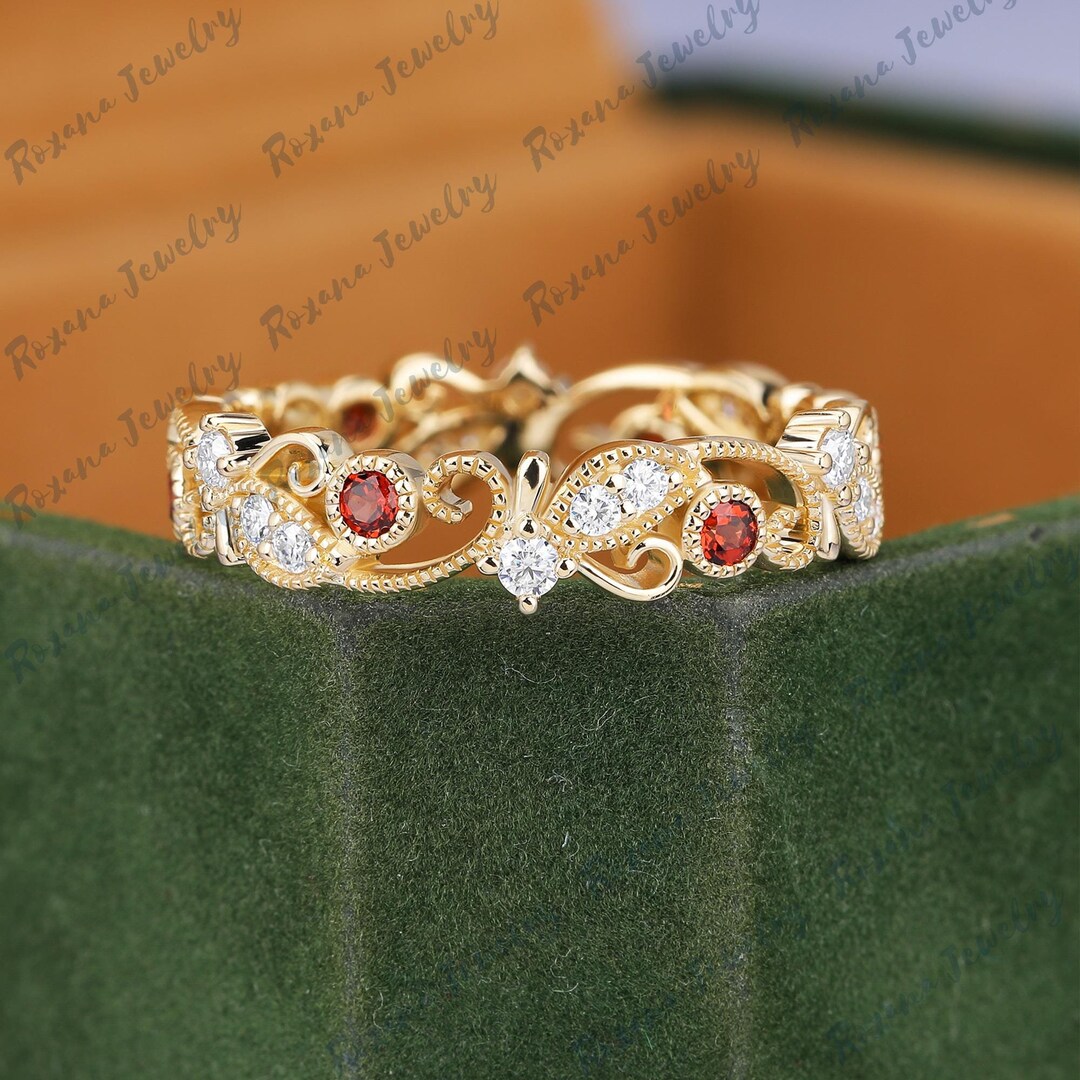 Ring Shape Red Round Shape Red Garnet Wedding Ring Yellow Gold Ring Unique Leaf Design ...