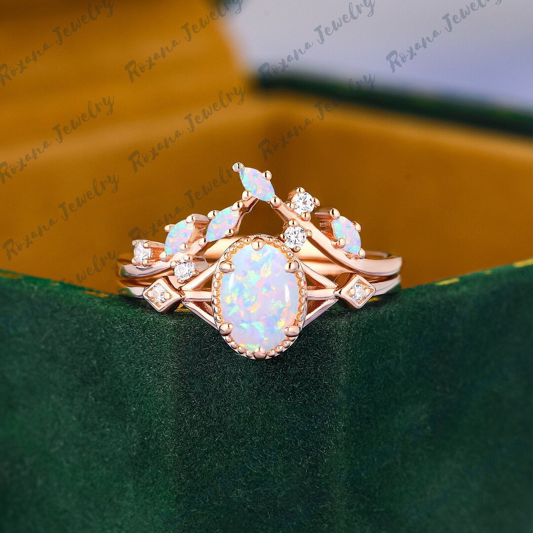 Oval Cut Lap Opal Engagement Ring Set 14k Solid Rose Gold Ring for ...