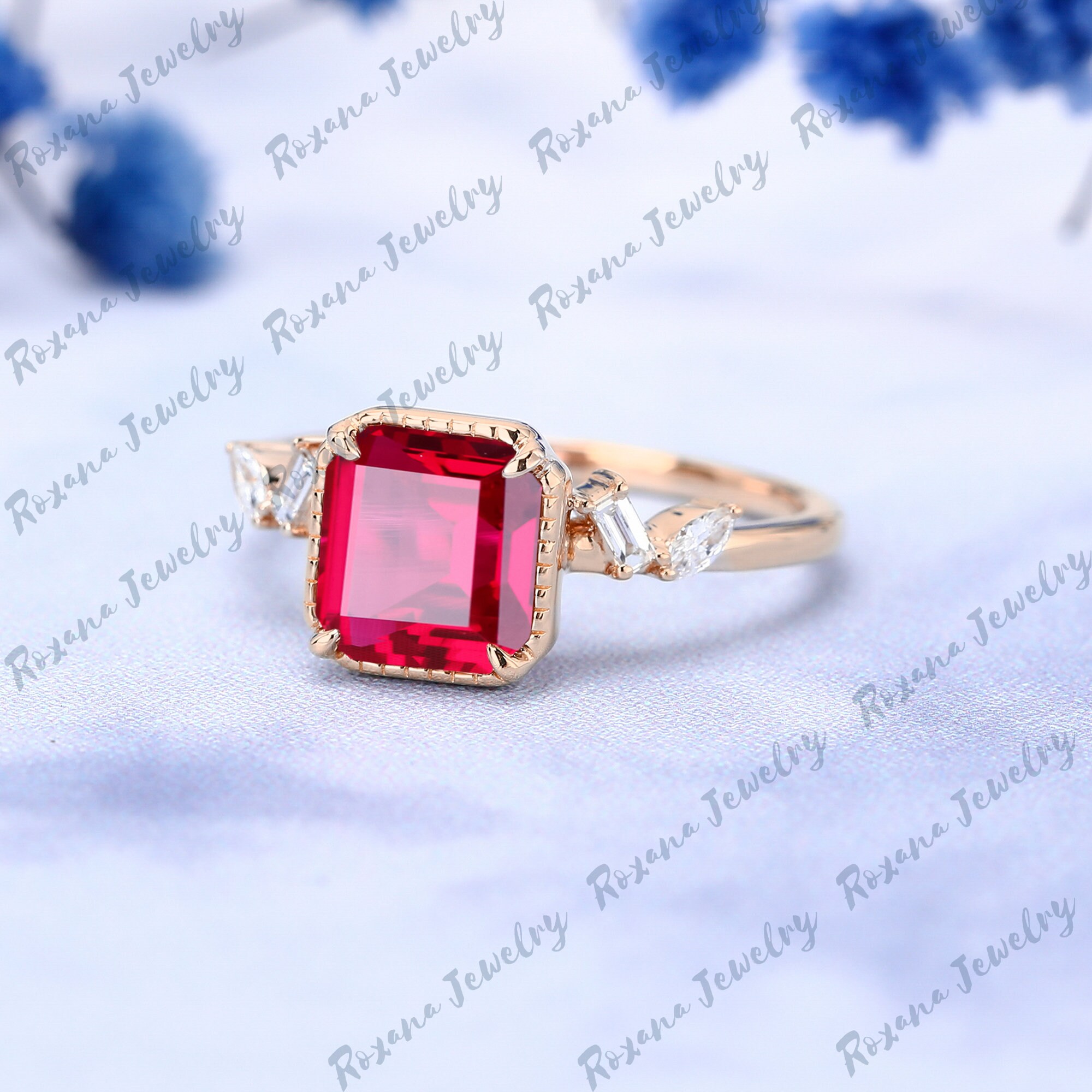 Unique Asscher Cut Red Ruby Engagement Ring July Birthstone 14k Solid ...