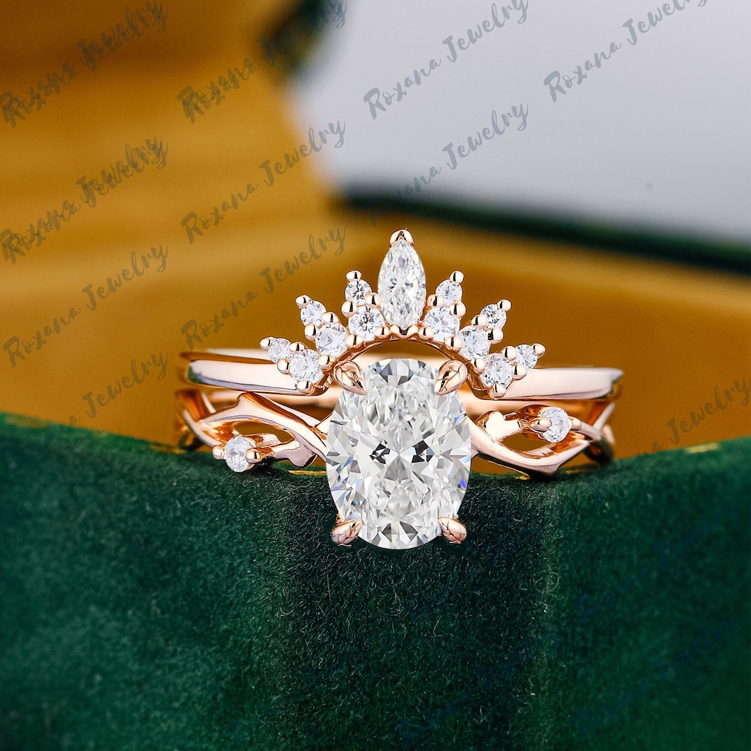 1.5CT Oval Cut Moissanite Engagement Ring Set 14K Solid Gold Ring ...