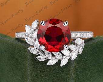 Round shape red ruby engagement ring Nature inspired branches wedding ring Twig ring Moissanite solid gold bridal ring July Birthstone ring