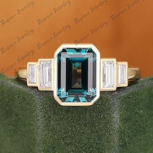 Unique teal sapphire gesmtone bridal ring Emerald cut teal sapphire engagement ring Solid gold ring Moissanite wedding ring Anniversary gift
