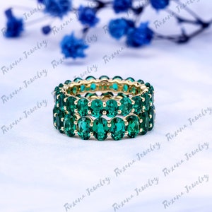 Oval Green Emerald Full Eternity Band 14K Solid Yellow Gold Stacking ...