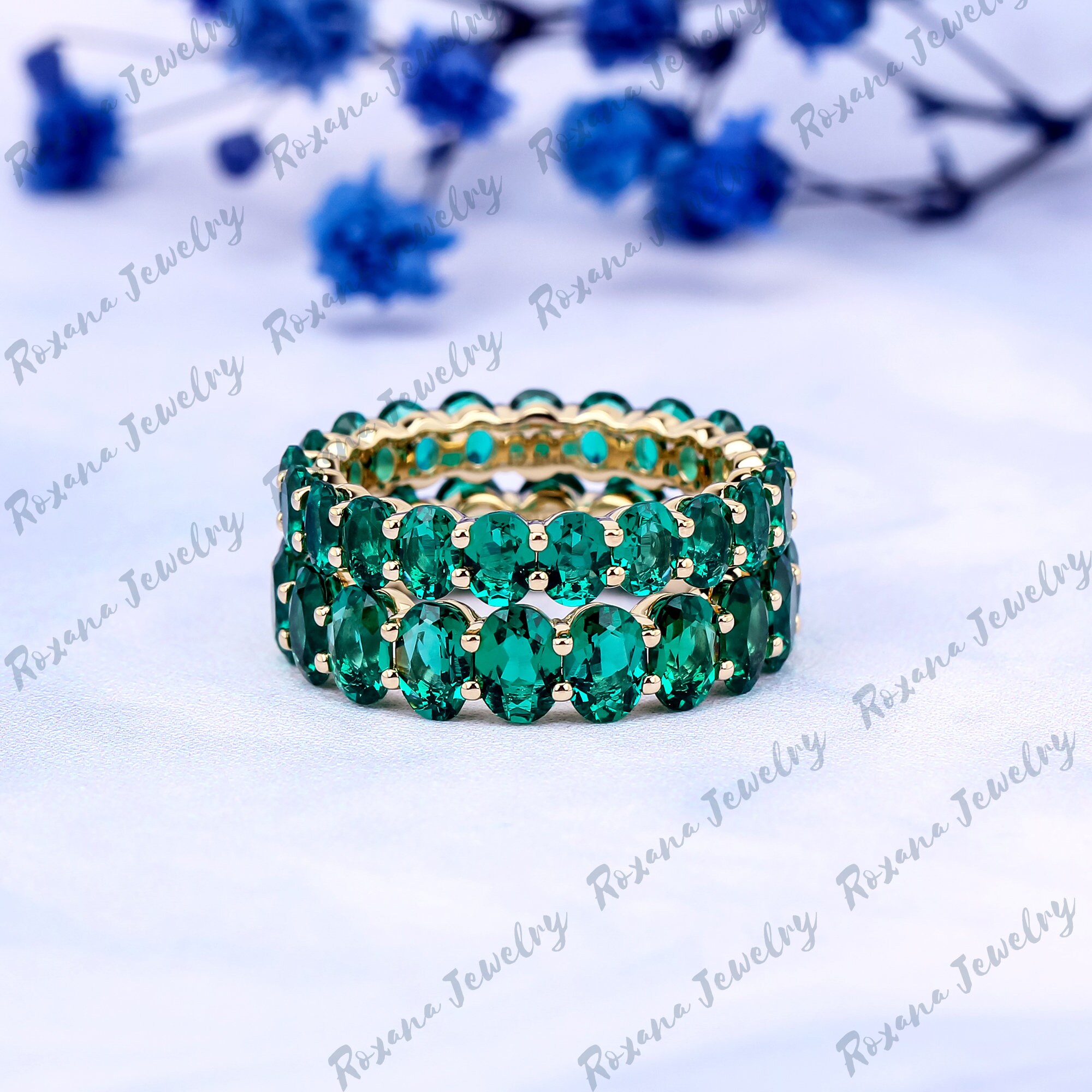 Oval Green Emerald Full Eternity Band 14K Solid Yellow Gold Stacking ...