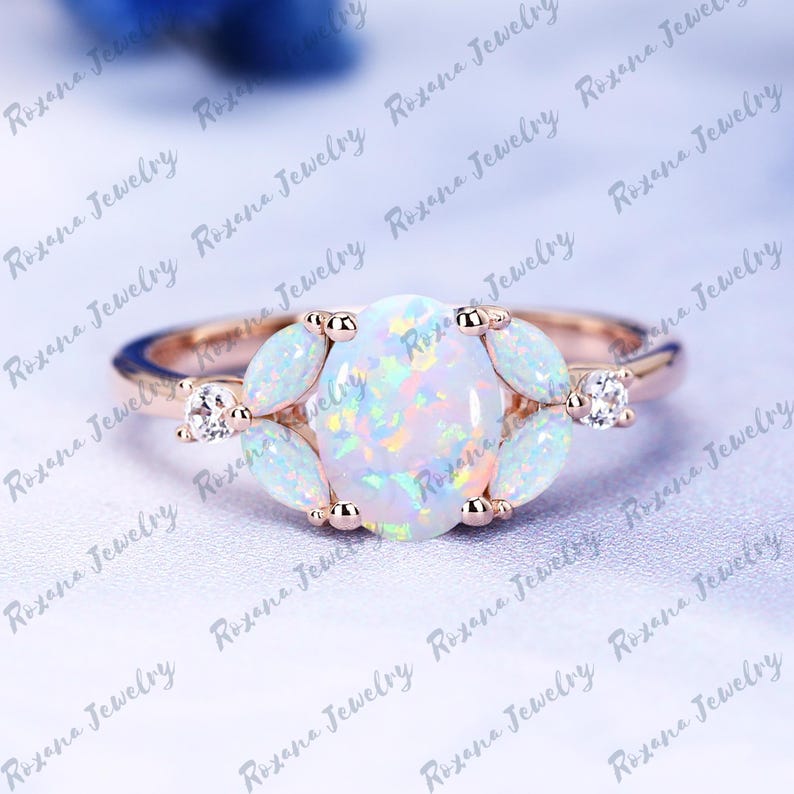 14K Solid Gold - Oval Cut Opal Engagement Ring Moissanite Accents ...