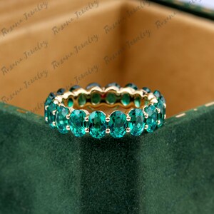 Oval Green Emerald Full Eternity Band 14K Solid Yellow Gold Stacking ...