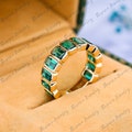Green Emerald Half Eternity Wedding Band Solid 14k Yellow Gold Emerald Cut Gemstone Ring May Birthstone Anniversary Gifts Handmade Ring