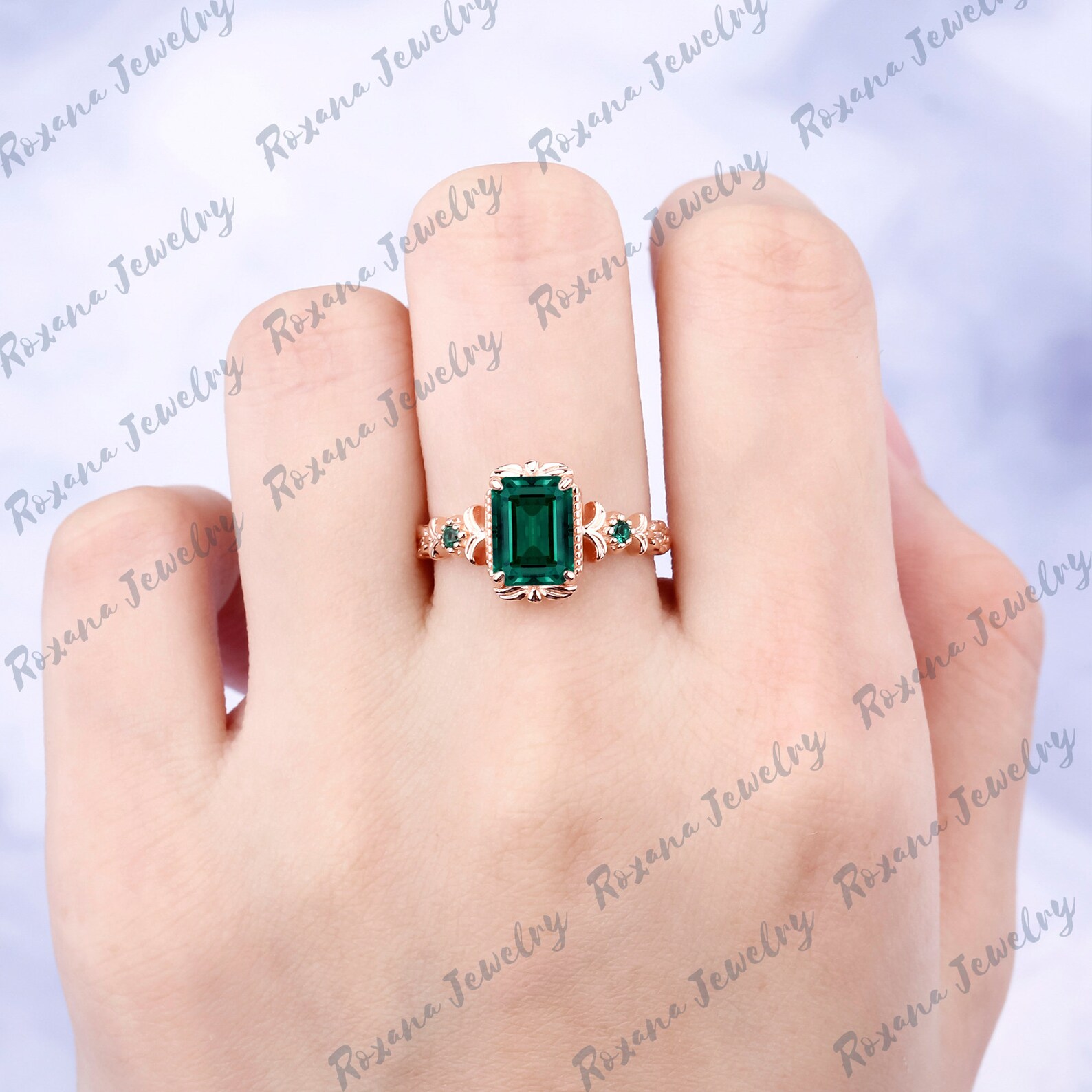 Emerald Cut Green Emerald Engagement Ring Accent Ring Solid Rose Gold ...