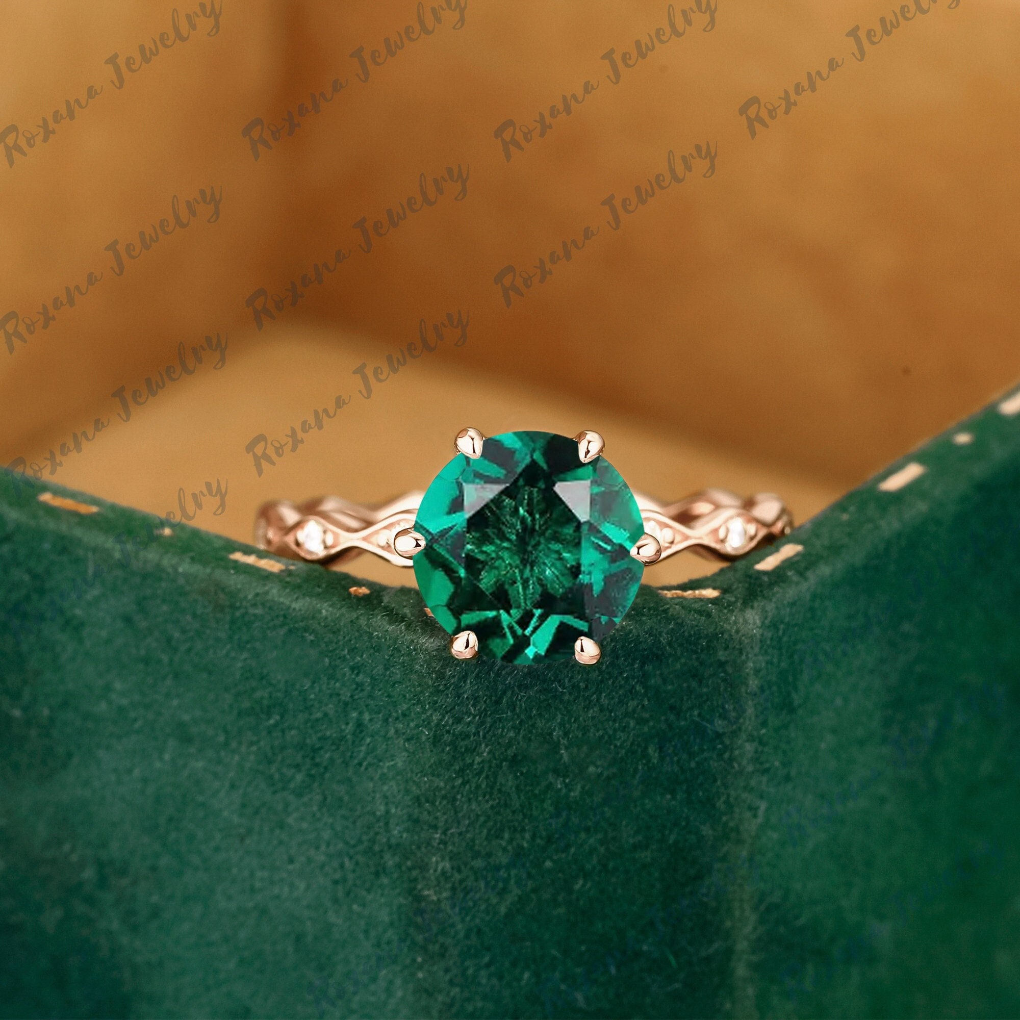 Solid Gold Green Emerald Engagement Ring Round Shape May Birthstone Anniversary Birthday Gift Full Eternity Ring Gemstone Rings For Women