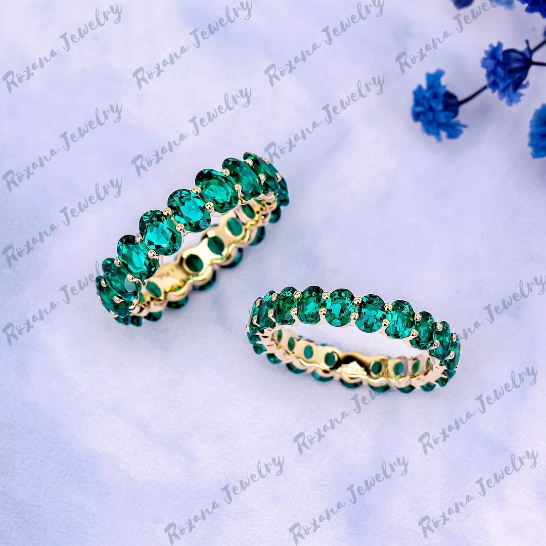 Oval Green Emerald Full Eternity Band 14K Solid Yellow Gold Stacking ...