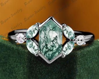 Gothic Black Gold Ring Hexagon Cut Natural Moss Agate Engagement Ring Vintage Moissanite Cluster Art Deco Bridal Ring Unique Gemstone Ring