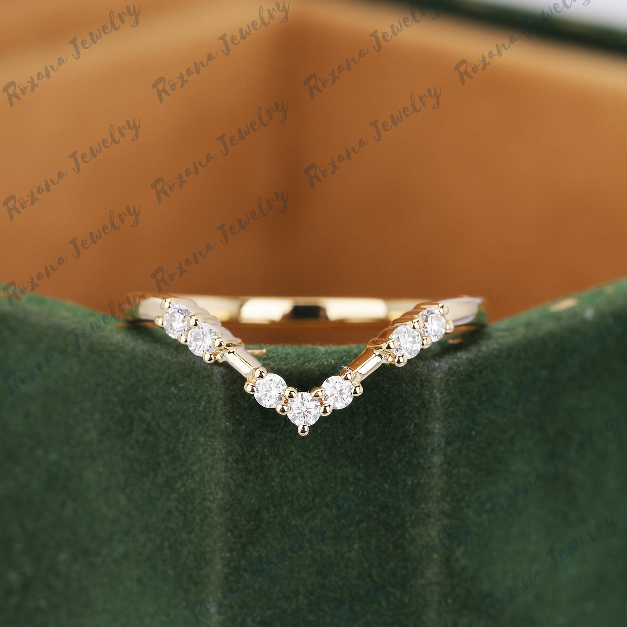 Round Cut Moissanite Wedding Band Yellow Solid Gold Curved Matching ...