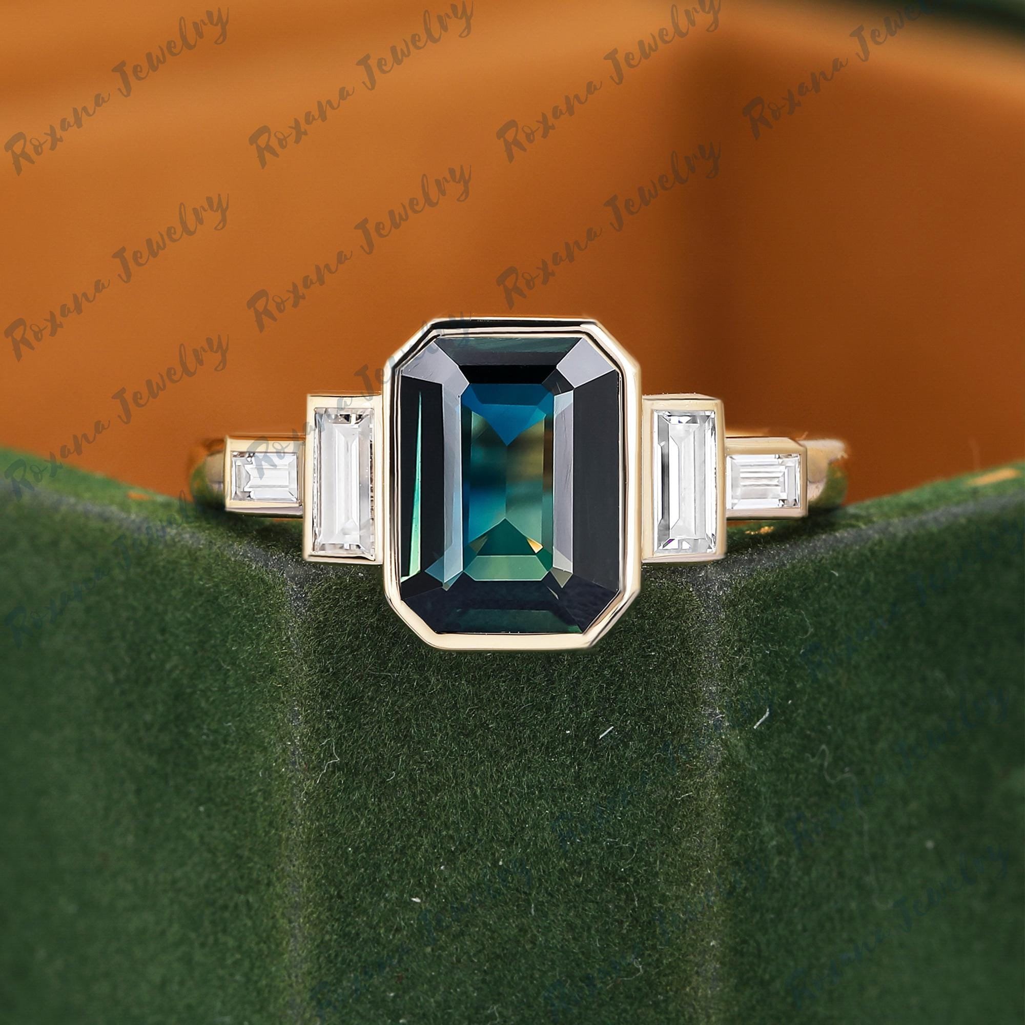 Teal Sapphire Engagement Ring Emerald Cut Solid Yellow Gold Bridal Ring Moissantie Cluster Ring Anniversary Gifts Handmade Ring For Wife