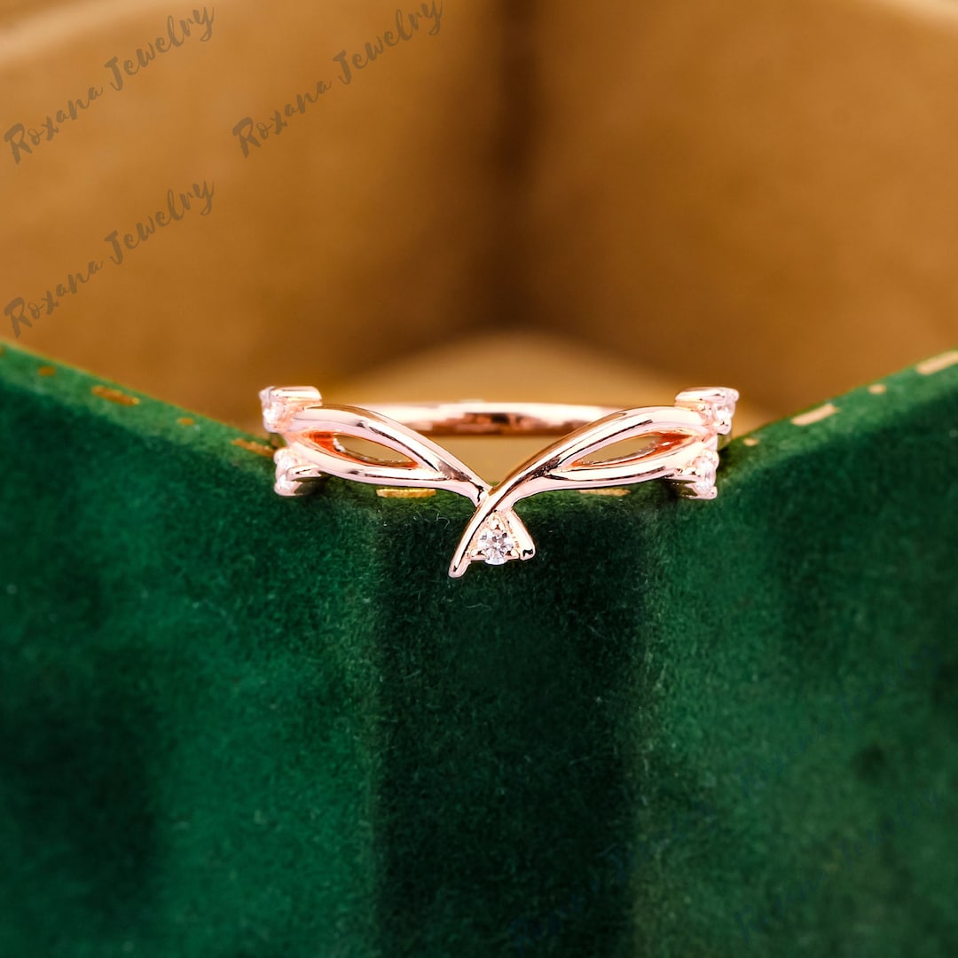 Art Deco Moissanite Wedding Band Solid Rose Gold Unique Curved Band ...