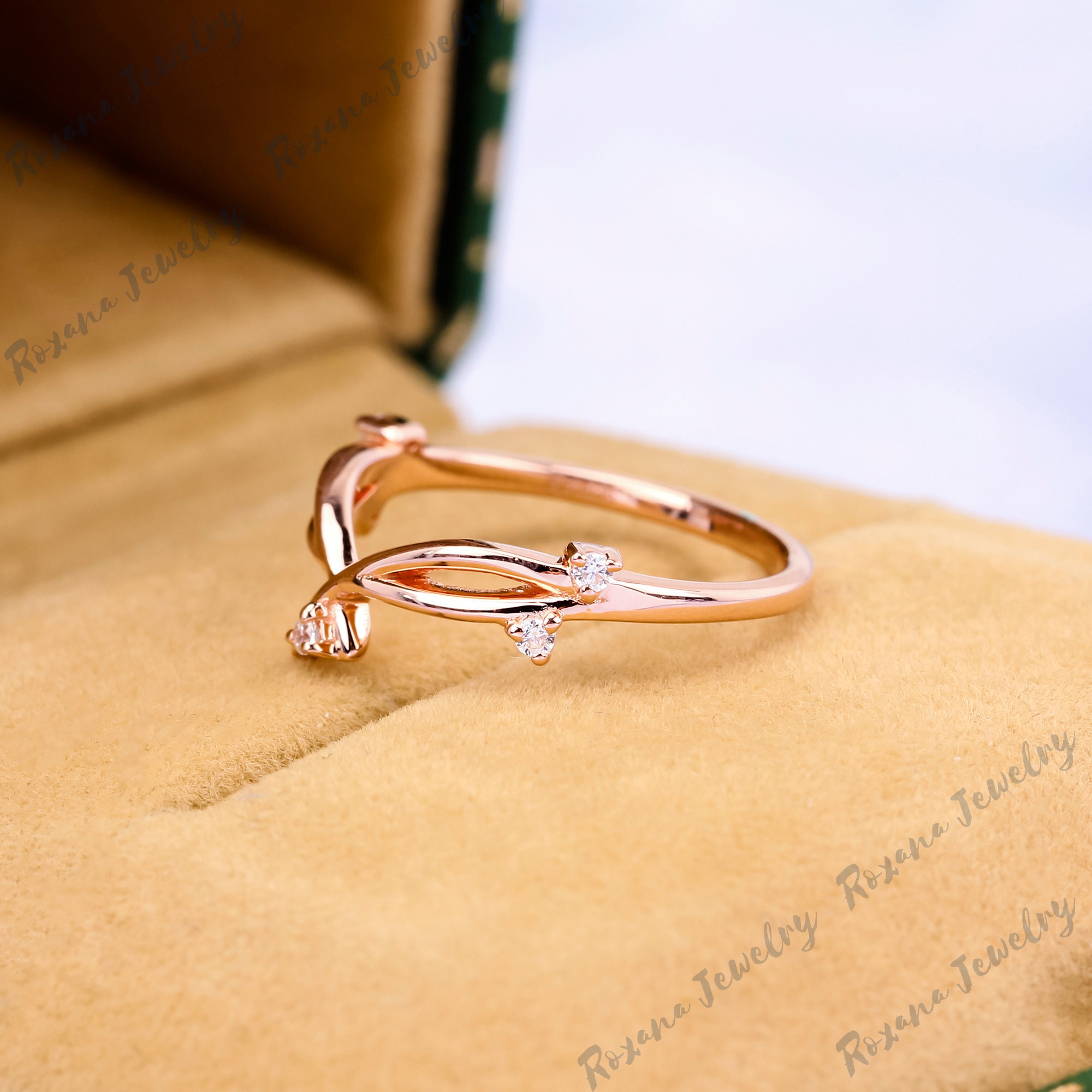 Art Deco Moissanite Wedding Band Solid Rose Gold Unique Curved Band ...