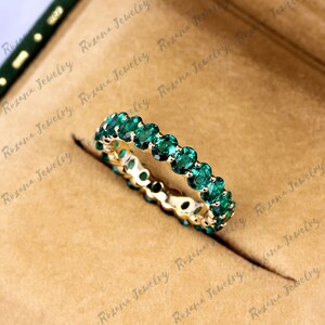 Oval Green Emerald Full Eternity Band 14K Solid Yellow Gold Stacking ...