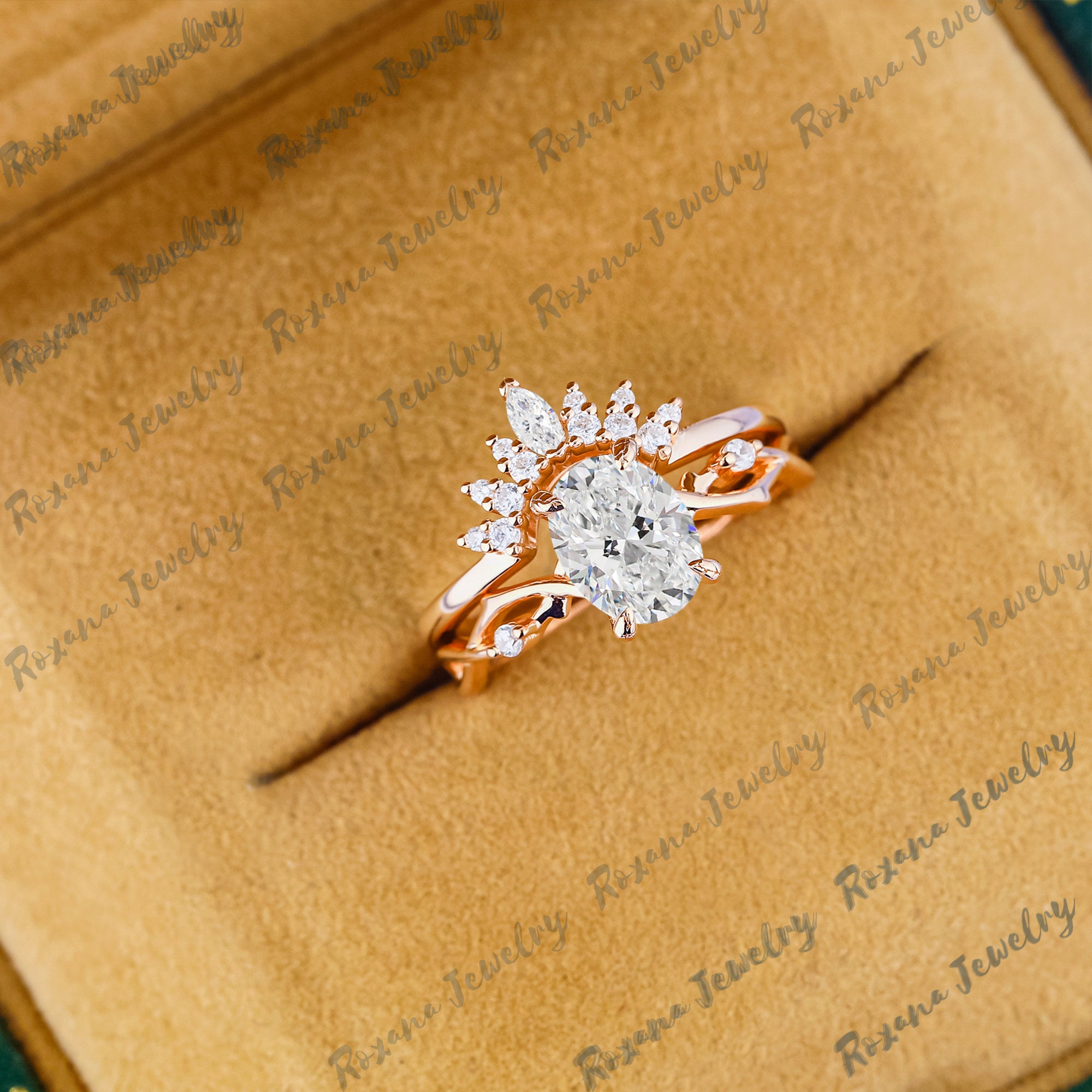 1.5CT Oval Cut Moissanite Engagement Ring Set 14K Solid Gold Ring ...