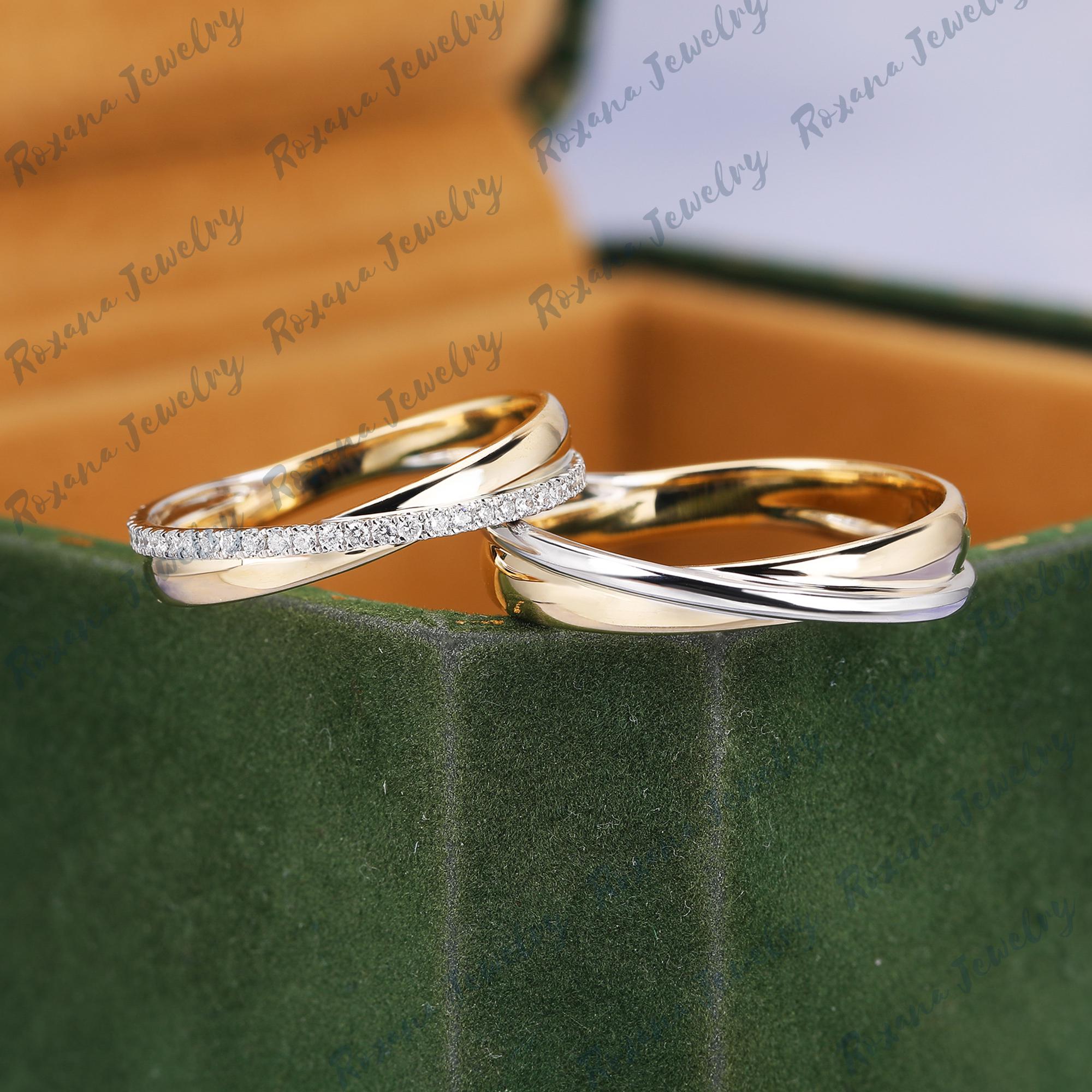 Real Natural Diamond Couple Ring Unique Solid Two Tone Gold Wedding ...