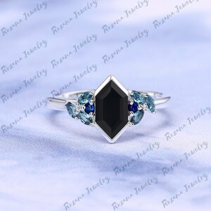 Vintage Hexagon Cut Black Onyx Engagement Ring Solid White Gold Blue Sapphire Cluster Ring London Blue Topaz Anniversary Gifts Gemstone Ring image 4