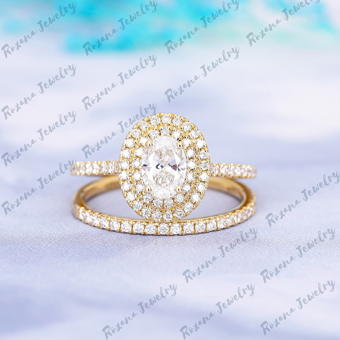 Oval 1CT Moissanite Wedding Ring Set Solid 14K Yellow Gold Bridal Set ...