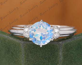 Round cut natural moonstone engagement ring Moissanite solid gold bridal ring Art deco wedding ring Anniversary  handmade ring for women