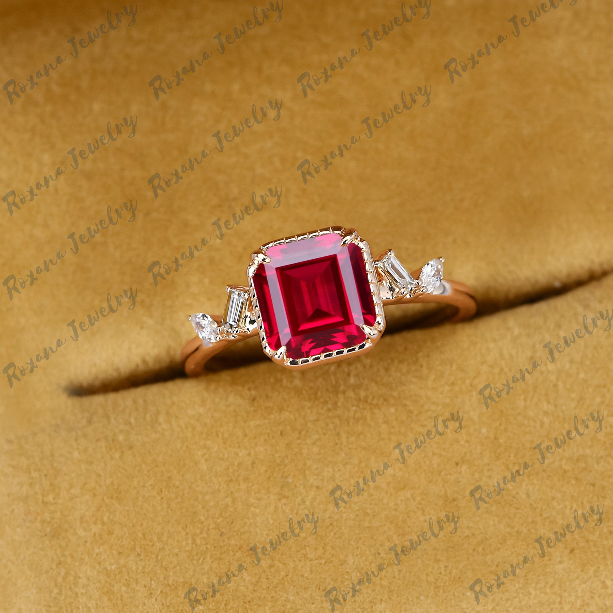 Unique Asscher Cut Red Ruby Engagement Ring July Birthstone 14k Solid ...