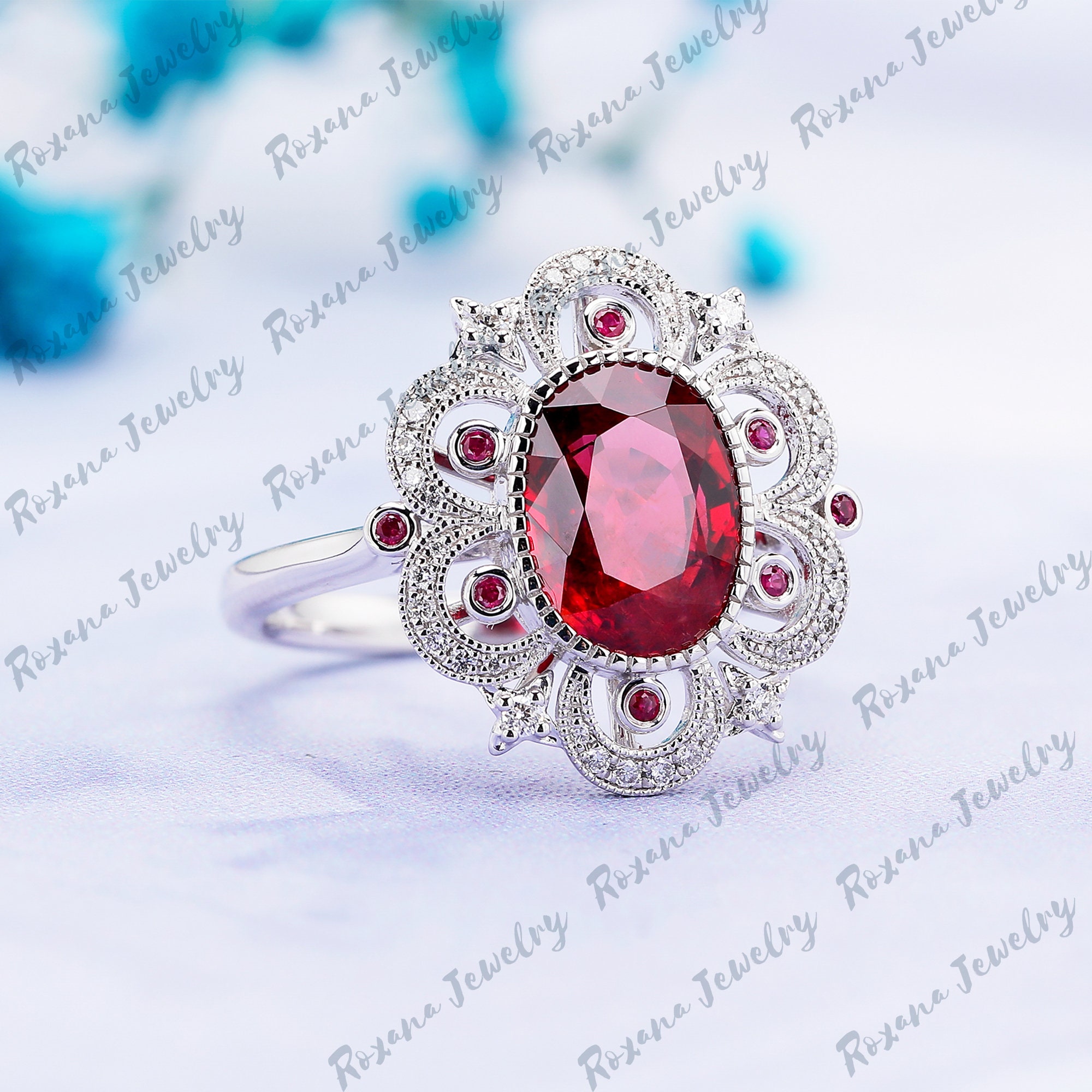 Ring Shape Red Oval Shape Red Ruby Engagement Ring Solid White Gold Ring Vintage ...