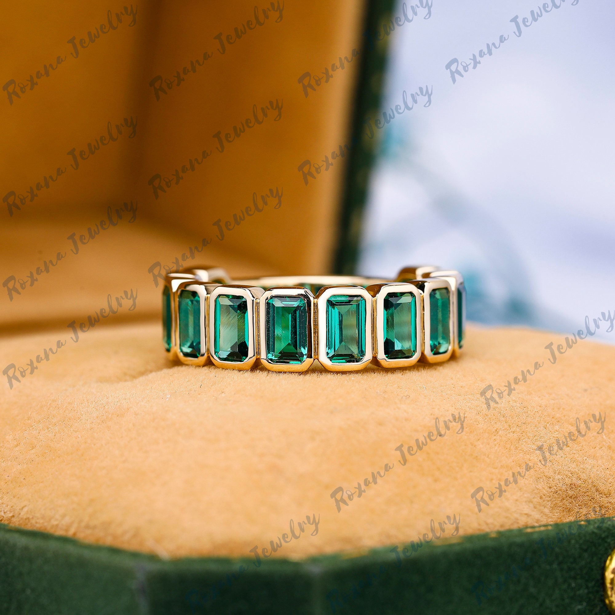 Green Emerald Half Eternity Wedding Band Solid 14k Yellow Gold Emerald ...