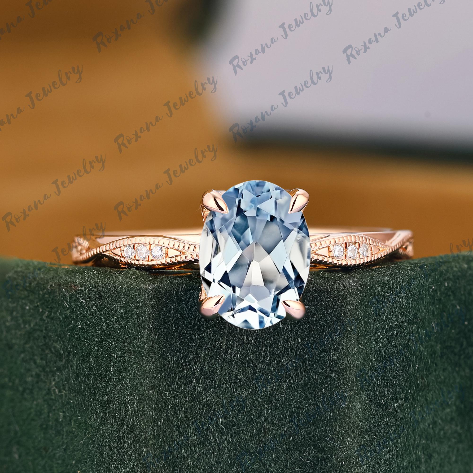 Oval Form 1.5ct natürlicher Aquamarin Verlobungsring Solid 14K Goldring Moissanit Cluster Ring Blauer Edelstein Ring Jahrestag Geschenke für sie